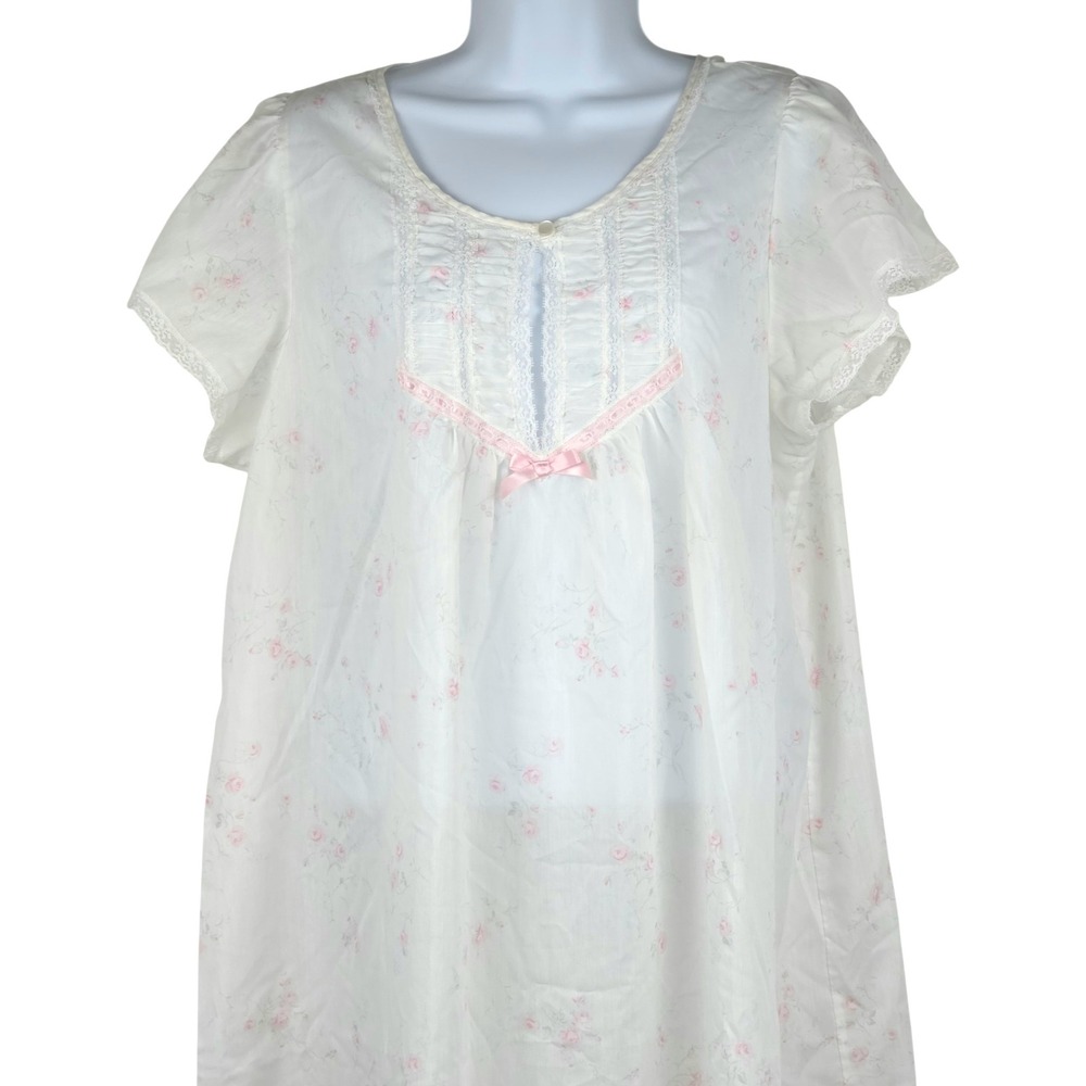 Vintage Barbizon Nightgown L White Pink Floral Short Sleeve Dollette Soft Girl